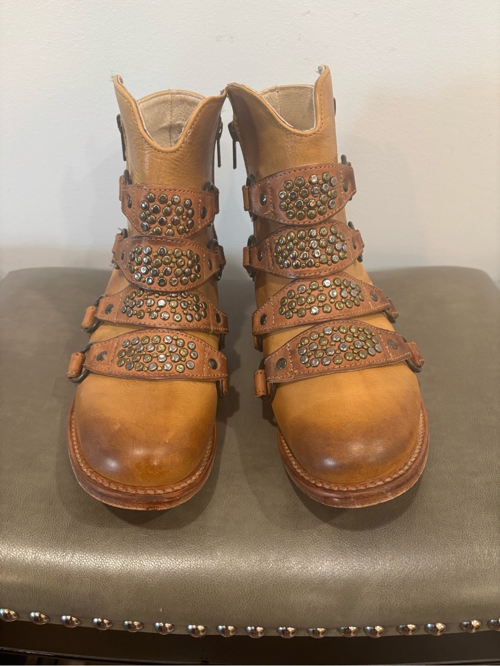 Freebird by Steven Cognac Leather Studded Buckle Ankle Boots - Picture 3 of 8
